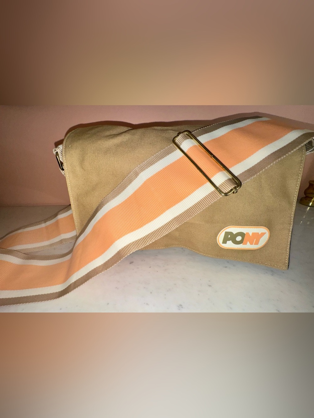Pony Beige Canvas Crossbody Messenger Bag, Wide Peach Striped Strap, Like New